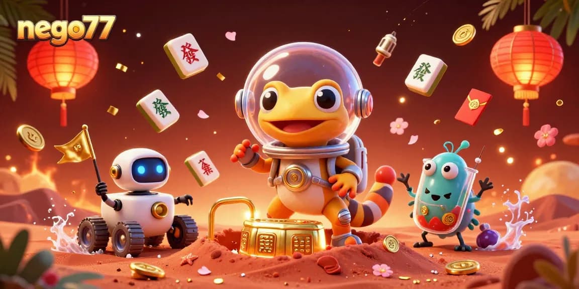 Nego77 presents a thrilling scene with a Martian gecko exploring a golden casino adorned with vibrant elements on Mars.