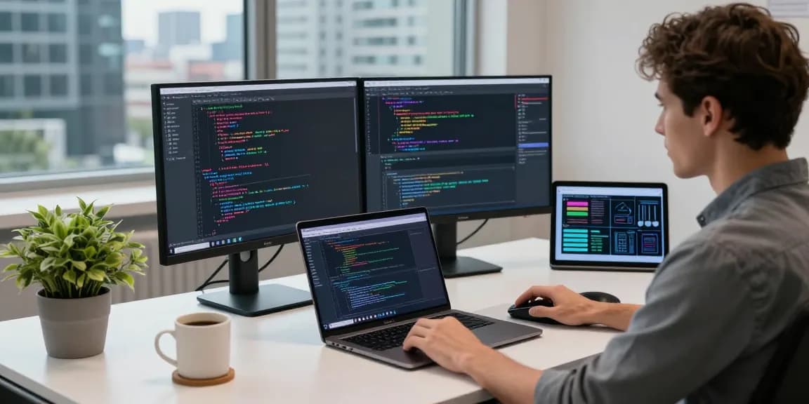 Focused software developer at telegraimin.com workspace with dual monitors in a modern office.