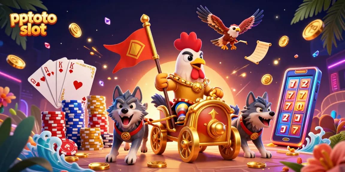 PPTOTO slot showcases a vibrant 3D rooster warlord scene with dynamic slot elements and casino excitement.