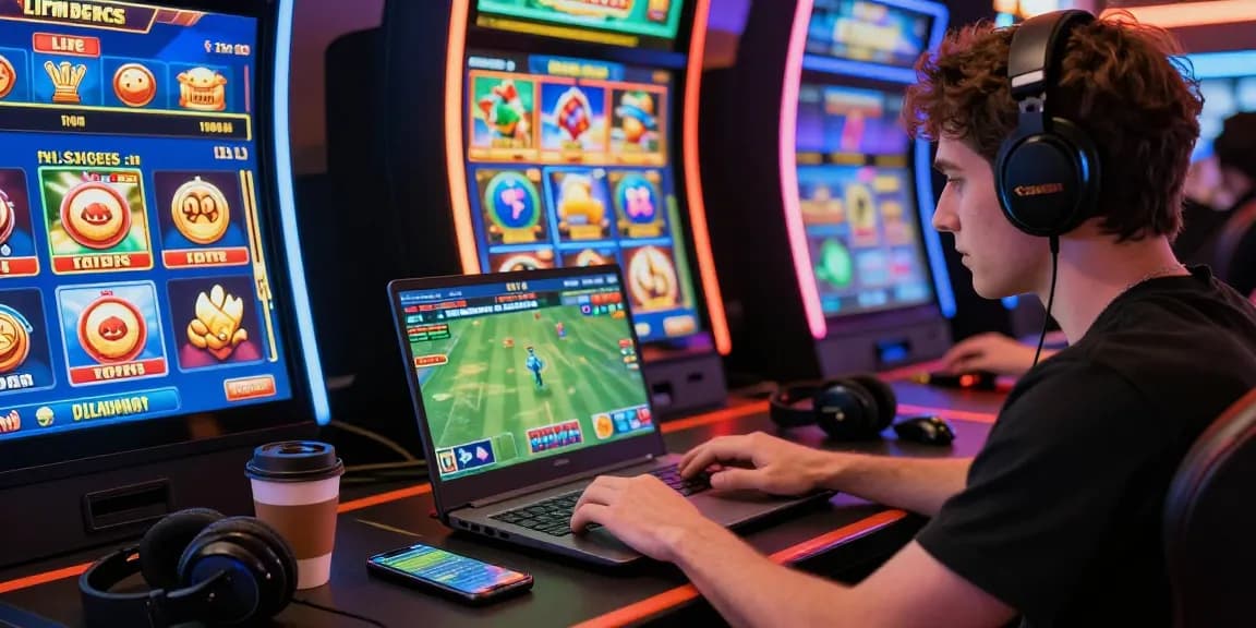 User engaging with situs hero138 gaming platform on laptop, surrounded by vibrant casino graphics and sports betting odds.