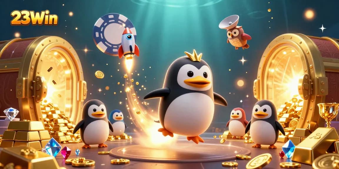 Experience thrilling adventures at 23Win with golden penguins and vibrant casino treasures.