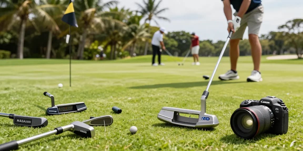 Ulasan putter terbaru di https://puttperfection.com/putter-reviews dengan pegolf di lapangan hijau, menampilkan berbagai putter.
