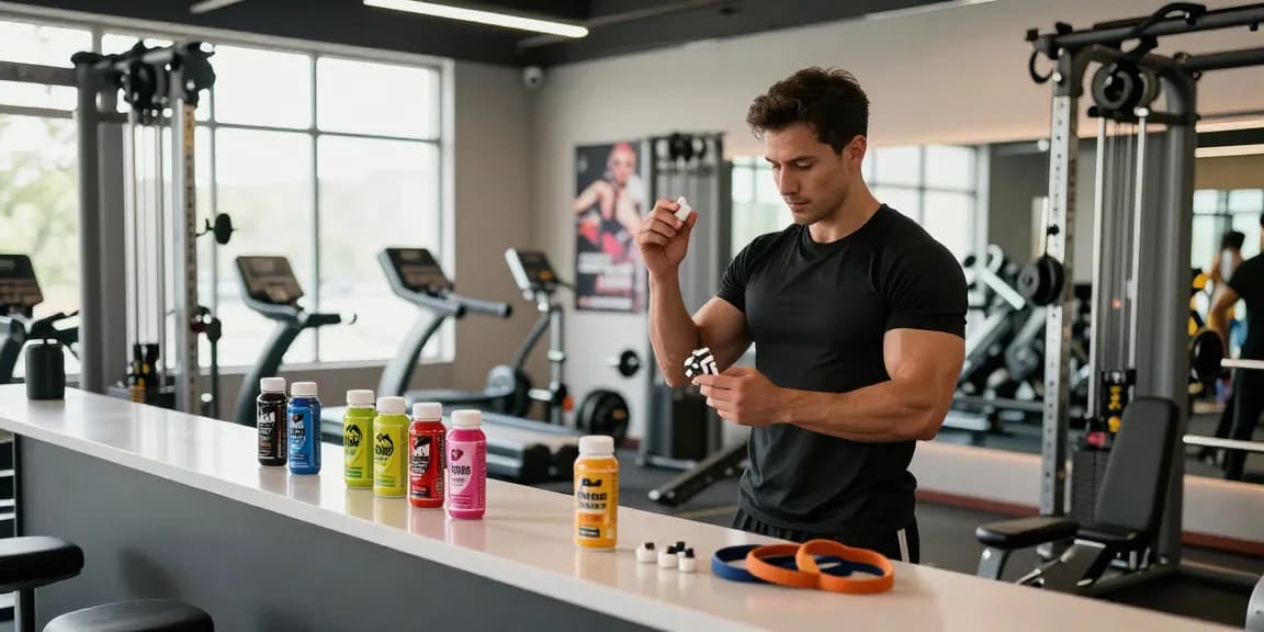 High-energy scene at Driada Shop showcasing fitness supplements and training in a modern studio.