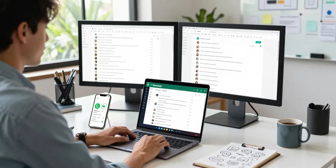 Engaging workspace with WhatsApp網頁版 on laptop, showcasing modern tech communication.