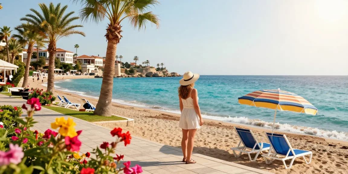 Weather in Antalya highlights sunny beach scene with traveler enjoying coastal views and cultural landmarks.