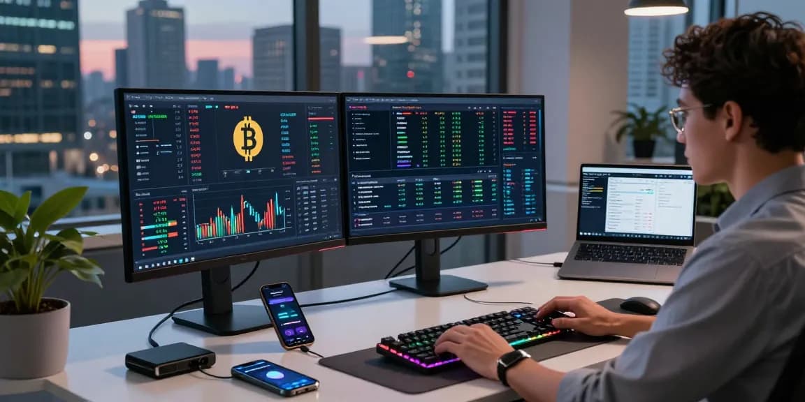 Funexchange trading workspace with cryptocurrency charts, modern tech setup, and innovative digital wallet display.