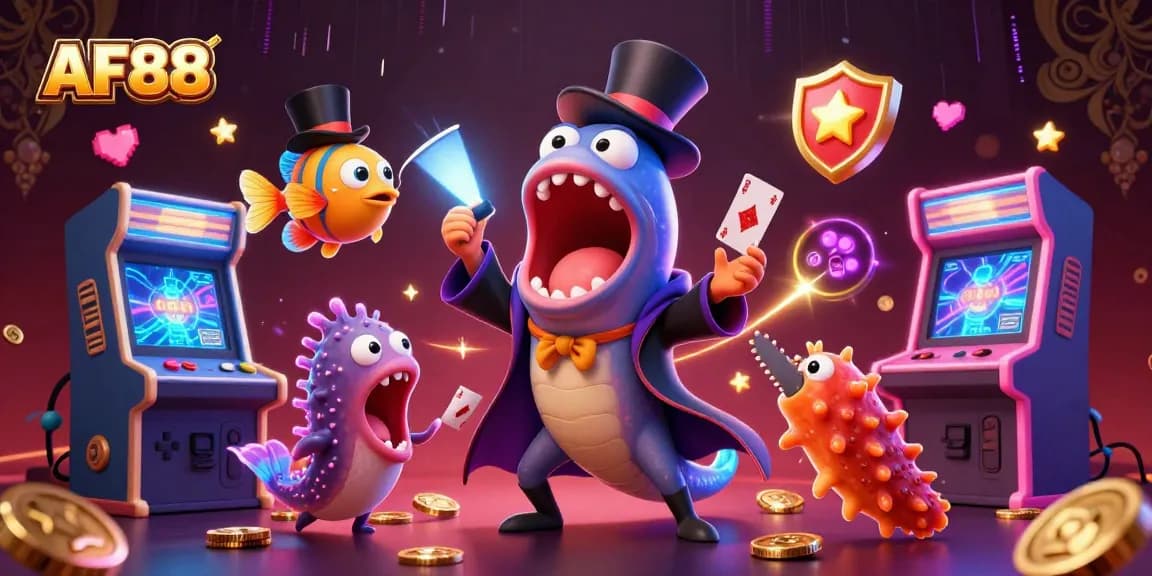 Engage with AF88's thrilling magic act in a vibrant casino scene filled with dynamic 3D gaming elements.