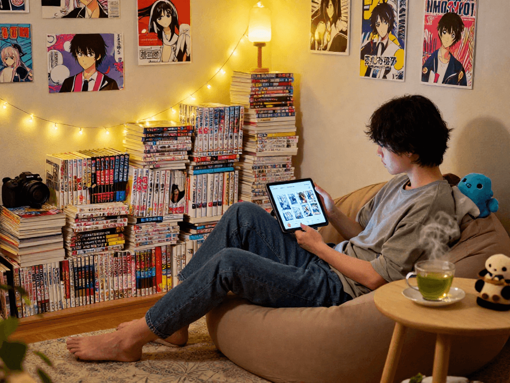 Explore the latest manga updates from https://hitomi-mangaraw01.com/ in a cozy reading nook.