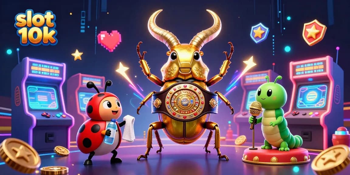 Stunning slot 10k scene with a golden stag beetle champion amid colorful gaming elements and vibrant effects.