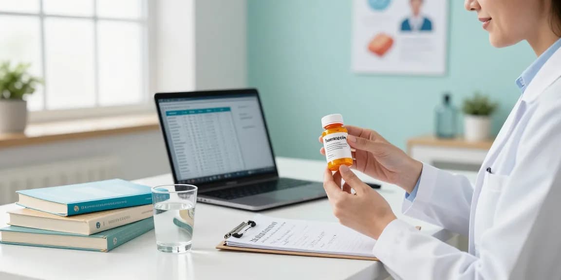 Ivermectin dosage for humans demonstrated by a healthcare professional with dosage instructions and medical texts in a modern clinic.