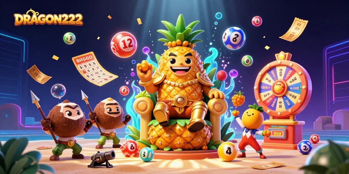 Engage with DRAGON222's vibrant online gaming world featuring colorful lottery balls and a playful 3D pineapple king.