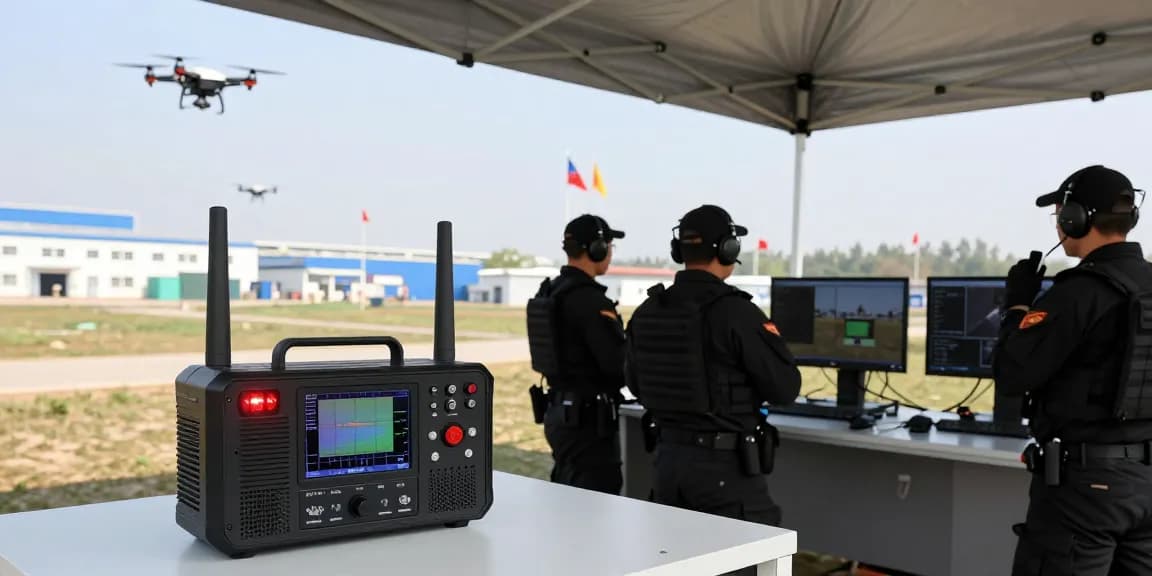 Anti drone jammer actively deployed during a security operation, showcasing signal disruption technology and personnel monitoring drone activity.