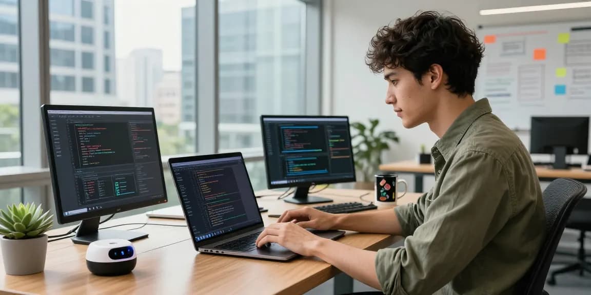 Engineer focusing on LLG link indexing code in a modern tech workspace with analytics devices.