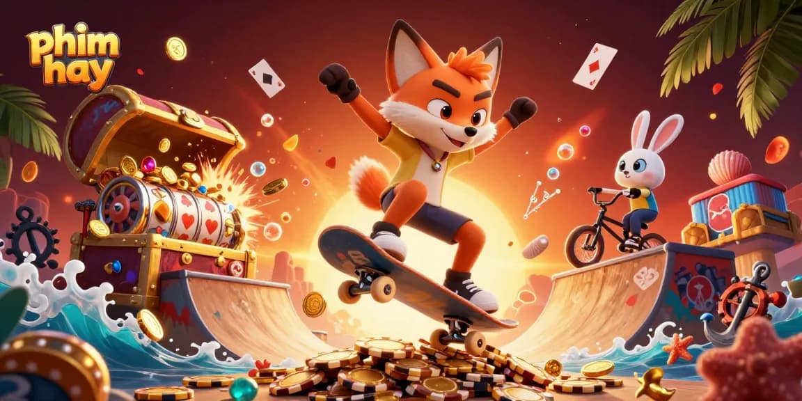 Engage with phim hay thrilling gameplay as a fox skater jumps over golden poker chips in a vibrant casino!