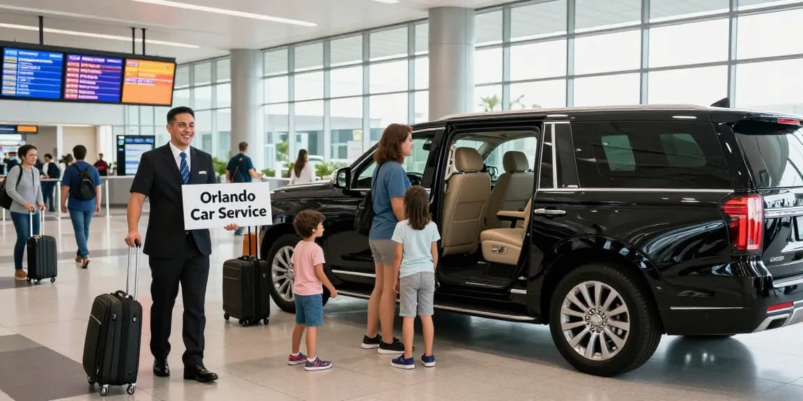 Orlando Car Service welcoming travelers at airport with chauffeur and luxury SUV.