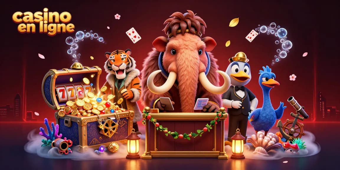 Une illustration 3D animée d'un casino en ligne avec un mammouth gardien vérifiant les ID à l'entrée, entouré de jeux et de symboles de jackpots.