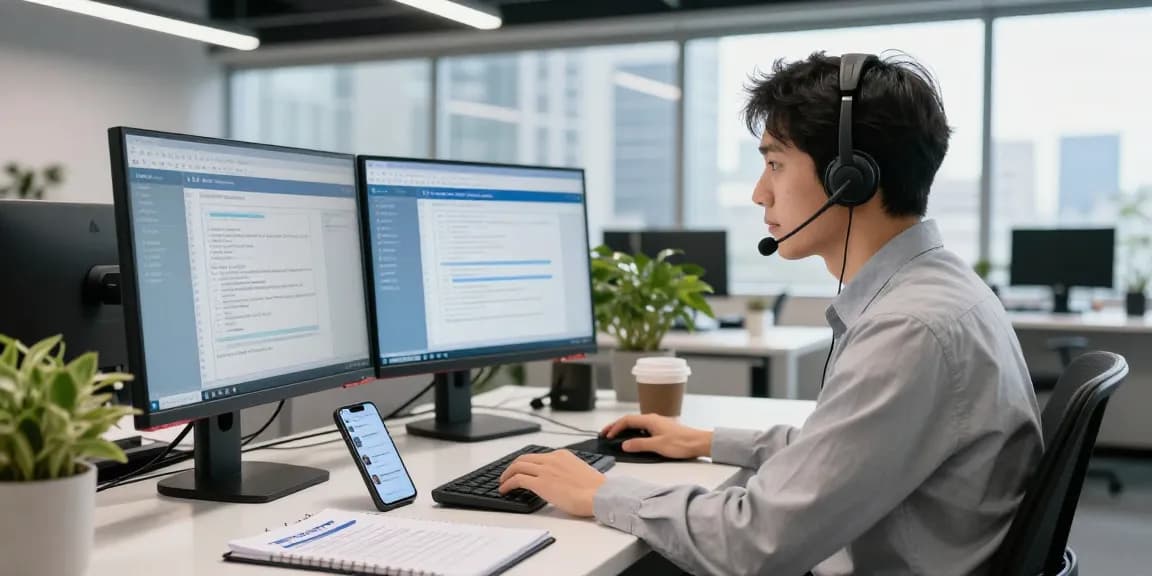 Telus-Technical-Support representative assisting customers with technical issues in a modern office.