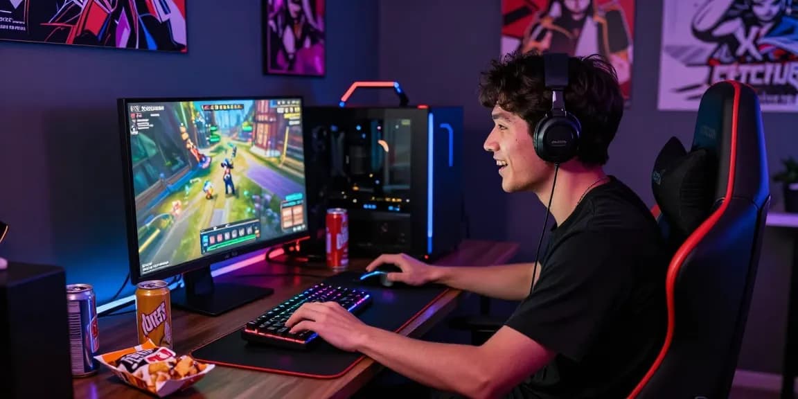 Pemain terpesona saat bermain Juragan77 di ruang yang penuh cahaya LED dan perlengkapan gaming modern.