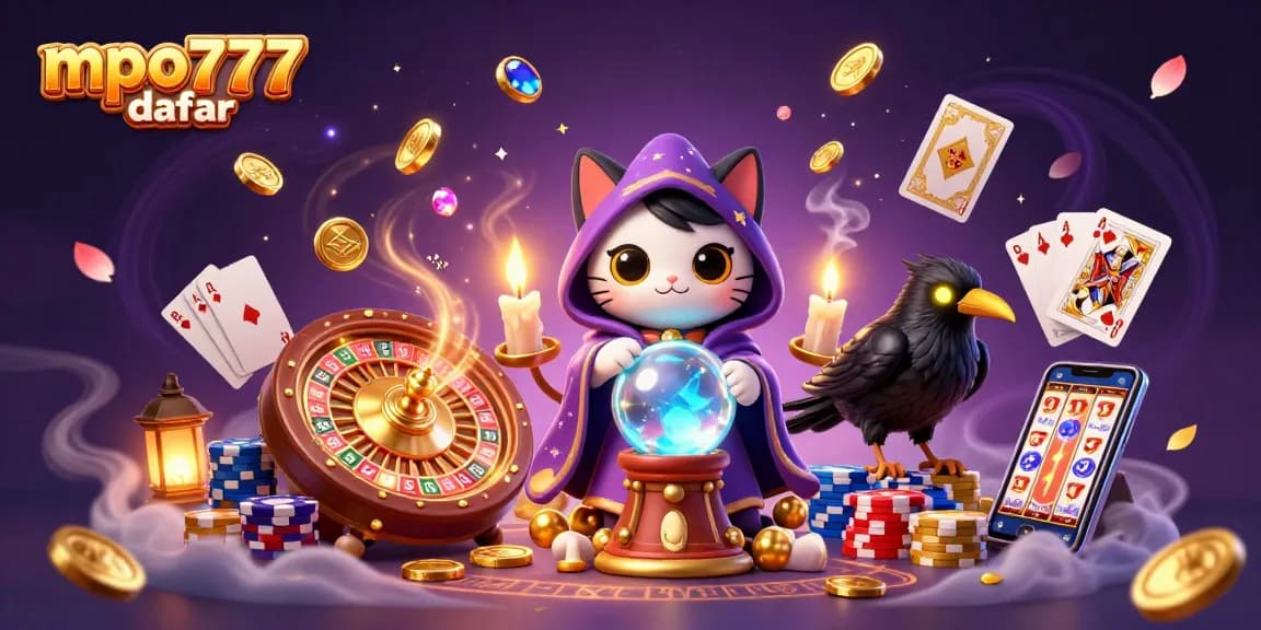 Experience thrilling mpo777 daftar gameplay with a mystical cat fortune teller and a radiant raven in this vibrant casino scene.
