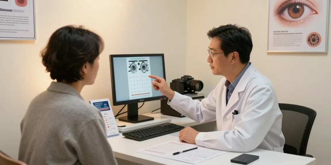 Ophthalmologist discussing glaucoma symptoms and treatment options in a welcoming medical office.