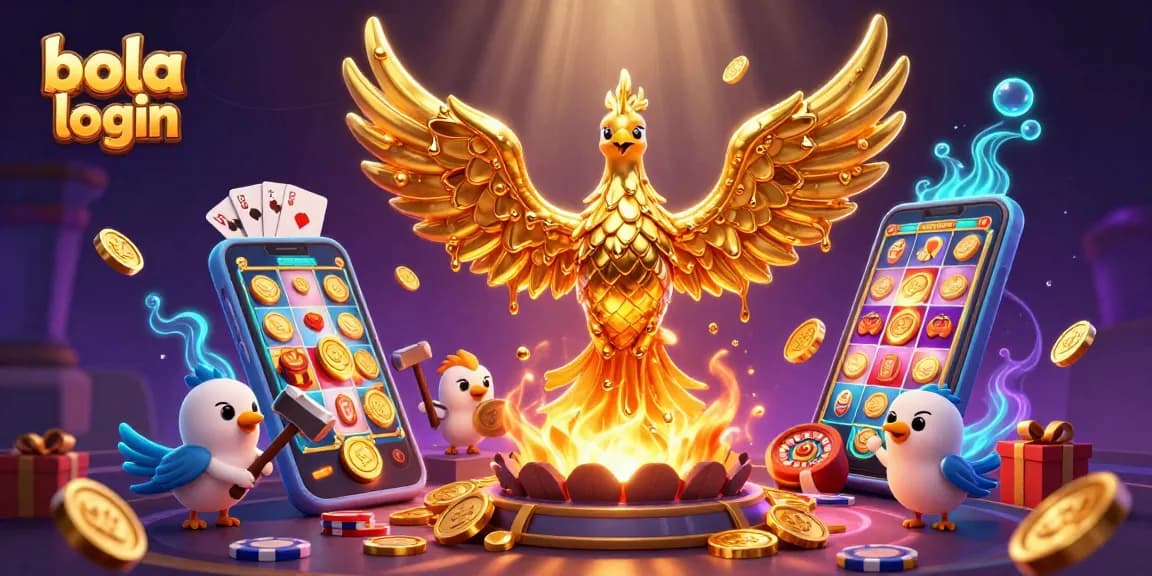 Exciting bola login scene with a golden phoenix and casino elements erupting with winnings.