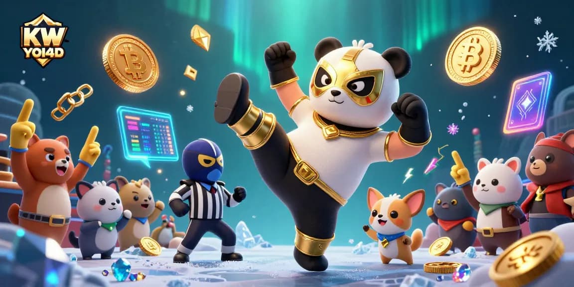 Menguasai KW YOI4D dengan ilustrasi kasino digital, panda pejuang dan suporter hewan yang bersemangat.