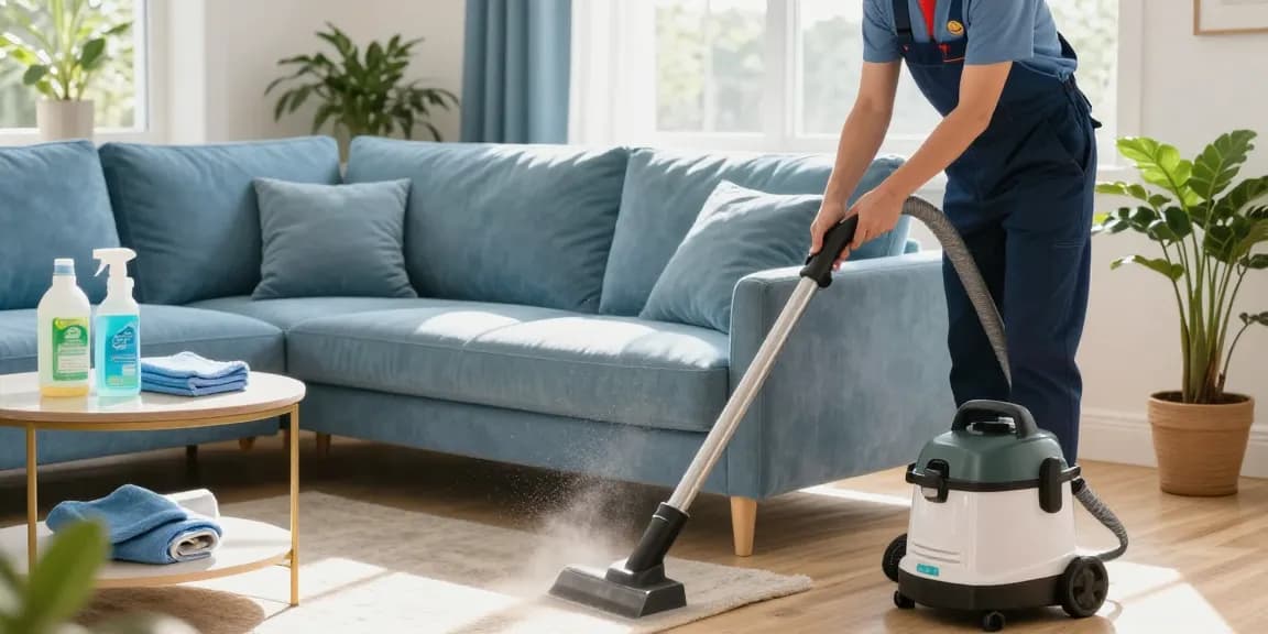 Furniture cleaning service technician expertly cleaning an upholstered sofa in a bright home interior.