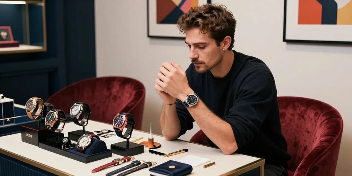 Elegant shopping scene featuring high-quality clone watches on display, highlighting luxury and attention to detail.
