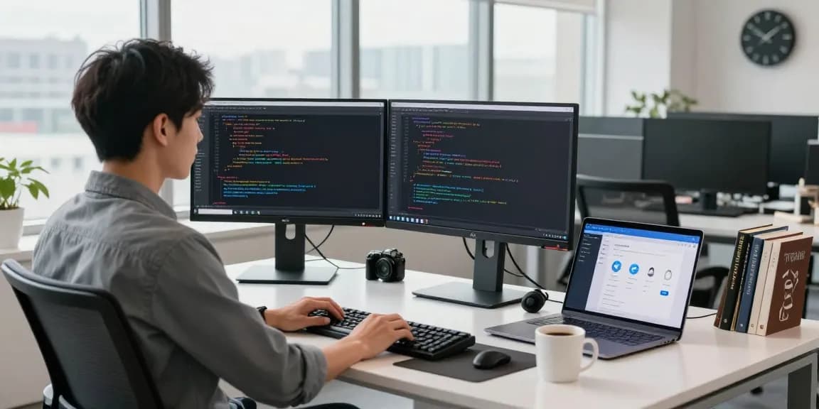 Developer coding in a modern office with 纸飞机中文版 app on display, showcasing productivity tools.