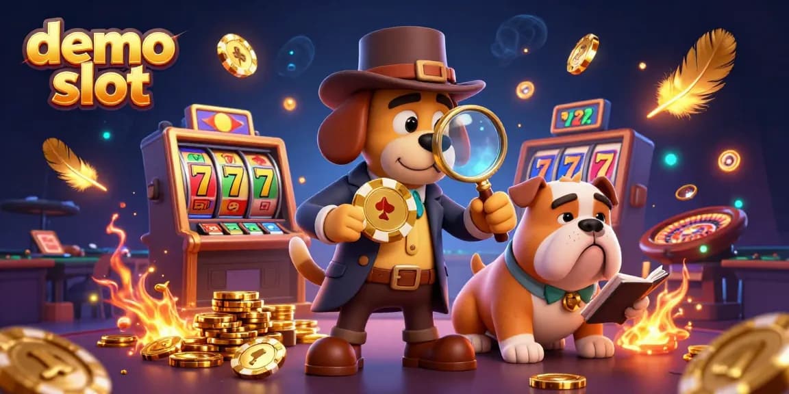 Engage with demo slot excitement through this detailed casino illustration of characters surrounded by animated slot elements.