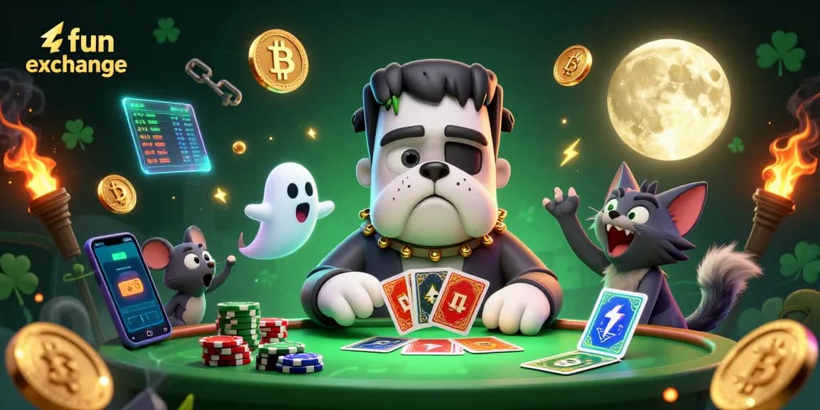 Experience fun exchange betting thrills with a vibrant 3D illustration of dynamic characters and crypto elements.