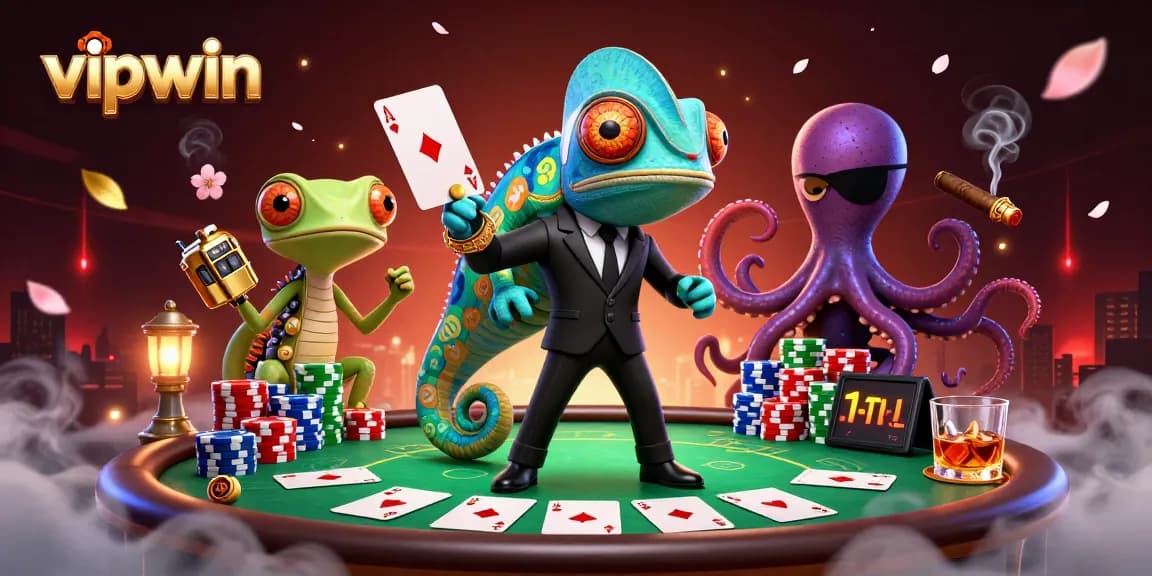 Experience thrilling poker action with vipwin's vibrant 3D illustration showcasing a secret agent chameleon and more.