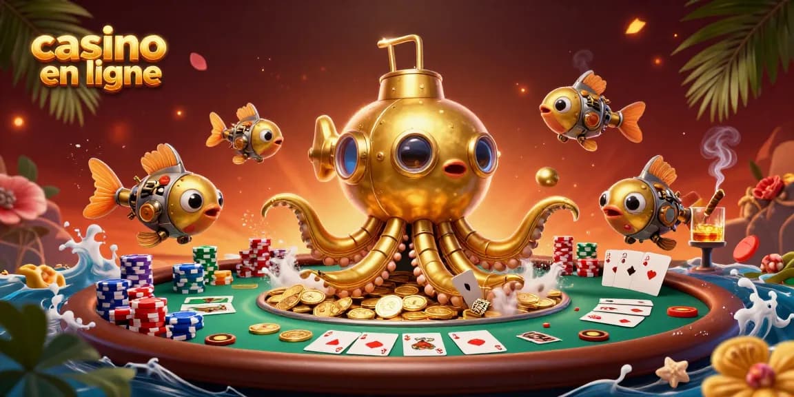 Jouez au casino en ligne avec une illustration captivante de jeux de cartes et une créature fantastique.