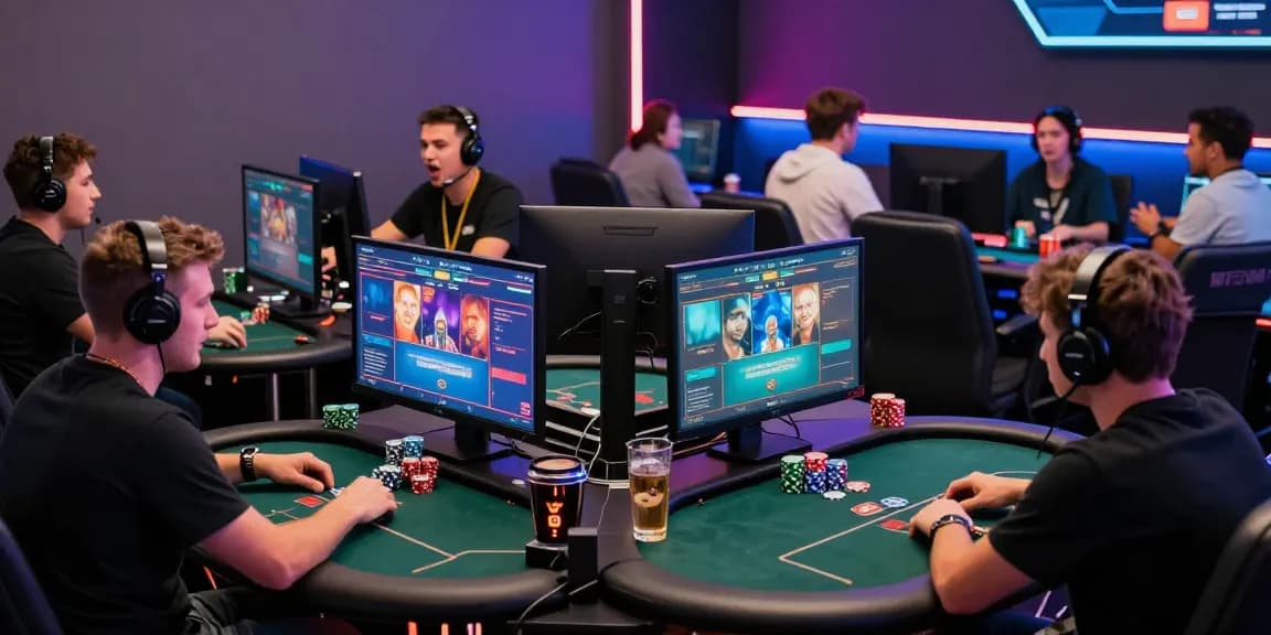 Exciting dynamic poker tournament scene with diverse players at their gaming stations, highlighting Poker Idn Terpercaya excitement and connectivity.