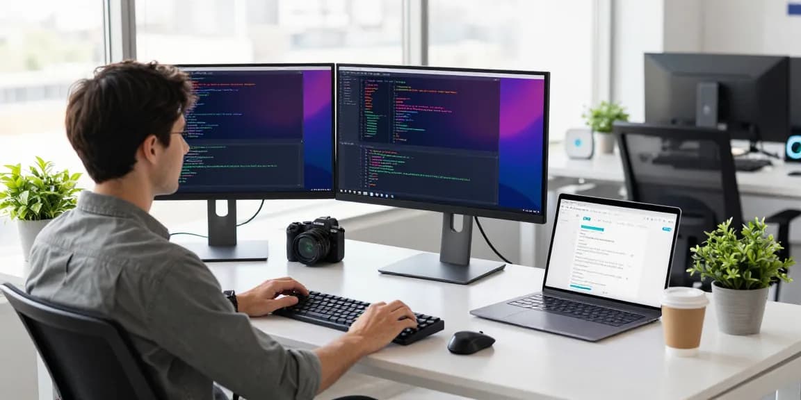 Developer coding in a modern workspace showcasing Telegram language Chinese interface on dual screens.