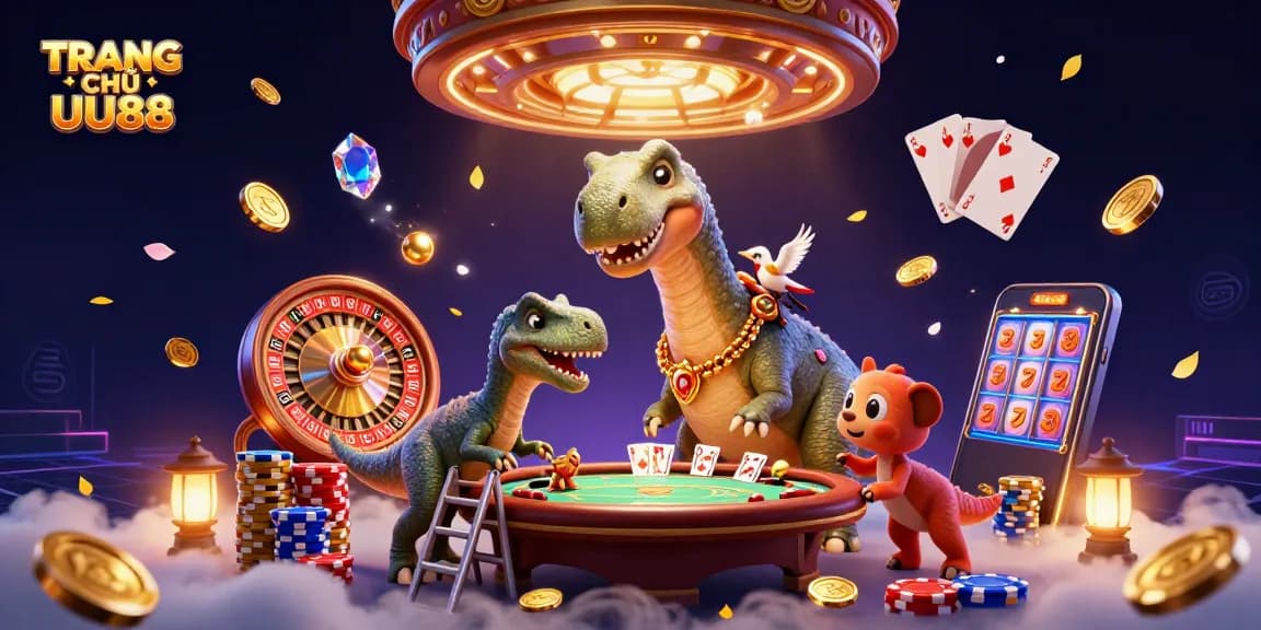 Experience excitement at TRANG CHỦ UU88 with an engaging 3D casino scene featuring vibrant characters and dynamic gaming elements.