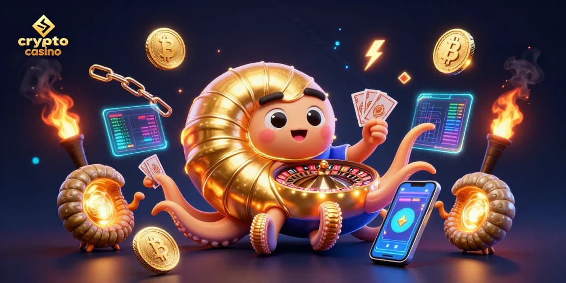 Les joueurs profitent d'un crypto casino avec un nautilus géant, des pièces Bitcoin et des effets lumineux.