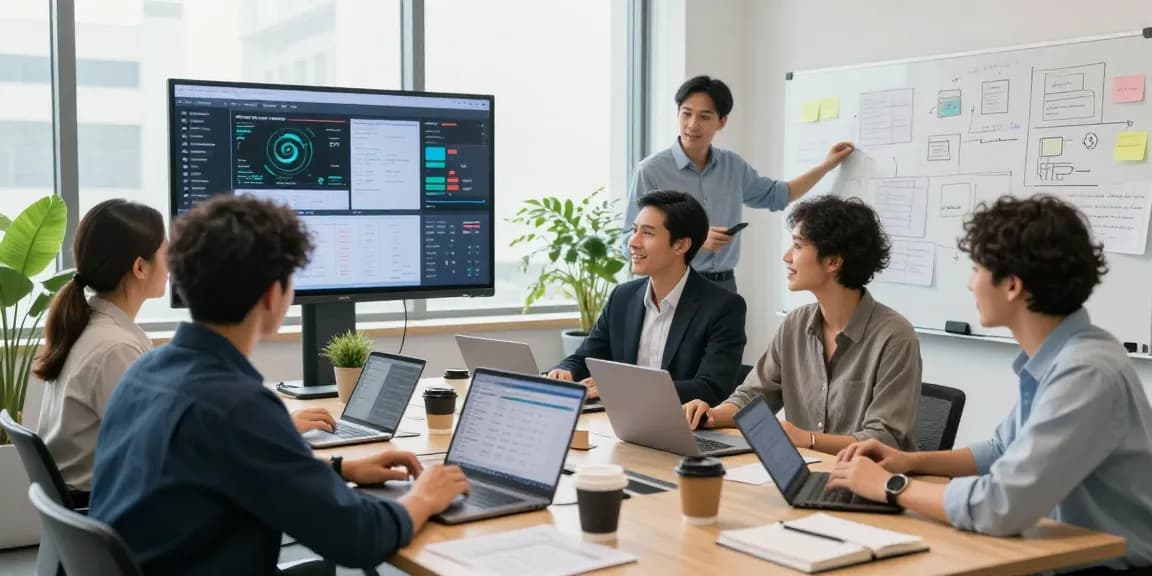 Collaborative team using wps下载 in a modern office with digital documents and analytics on screens.