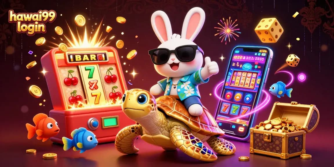 Join the adventure with hawai99 login as a lucky rabbit rides a golden turtle through a vibrant casino!