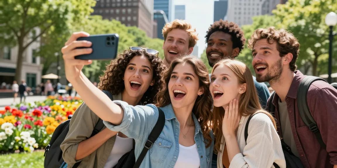 Friends joyfully exploring their celebrity look alike results outdoors in a vibrant city park.