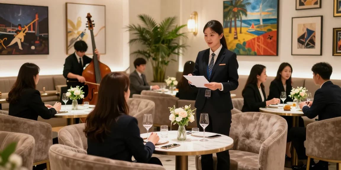 강남블랜딩의 고급스러운 라운지 공간에서 고객과 소통하는 매니저의 모습.