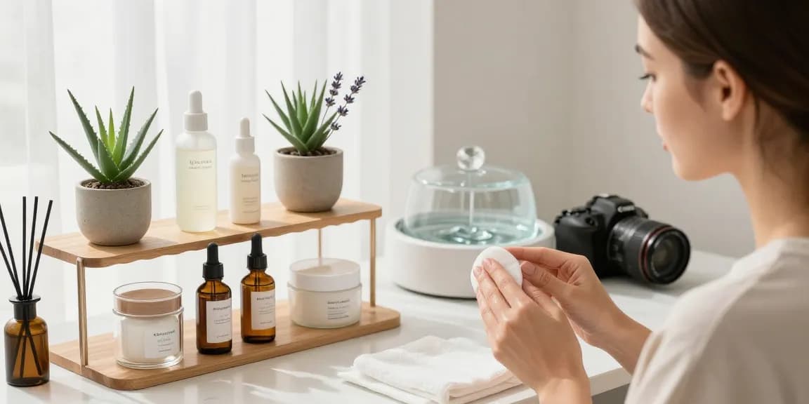Applying Balance and Refresh Toner in a serene skincare studio, showcasing organic products.