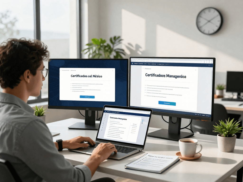 Cybersecurity specialist managing certificados ssl en México in a modern workspace with dual monitors and coffee.