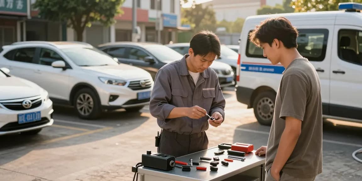 Autosleutel kwijt? Reliable auto locksmith technician creating a new car key in an urban setting.