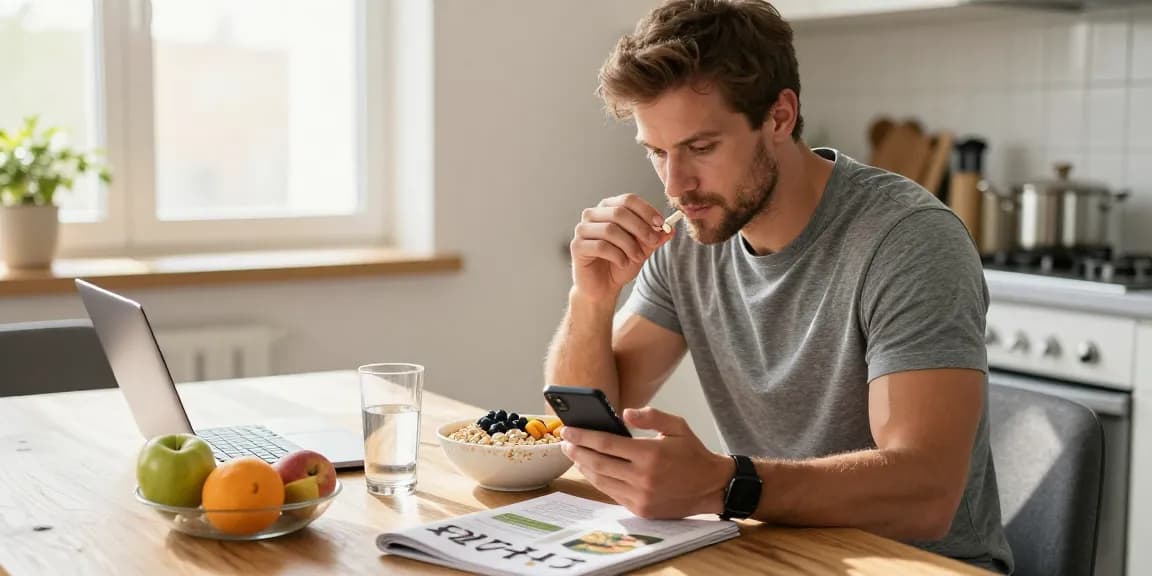 ブラビオンSの口コミを確認しながら健康的な朝食を食べる男性のシーン