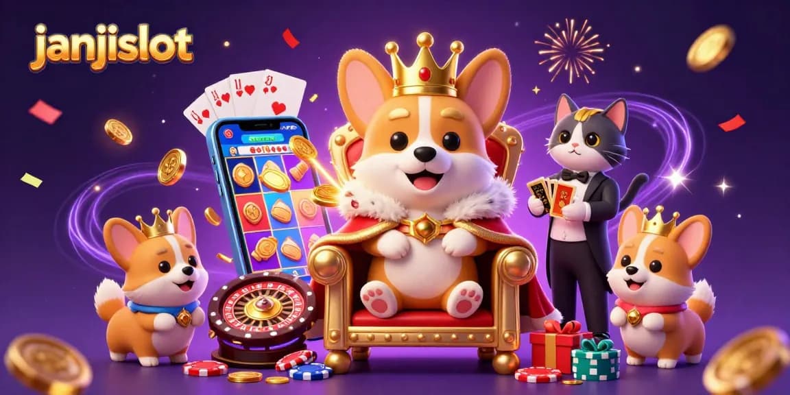 Engage with janjislot through vibrant 3D illustration of royal corgi and cat butler among slot game elements.