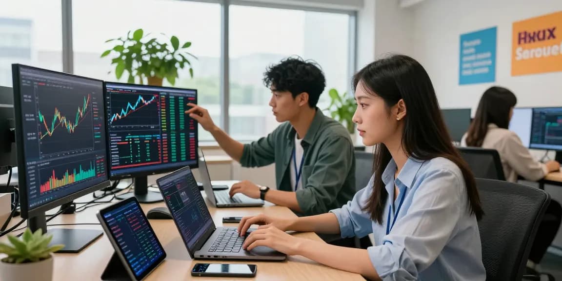 Crypto-reviews.ru OKX trading scene with professionals analyzing cryptocurrency data and trends in a modern office environment.
