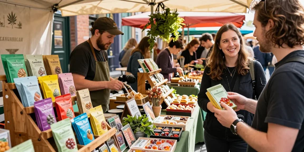 Where Can I Get Edibles In Dublin? Colorful cannabis edibles displayed in a lively Dublin market, with shoppers engaging and vibrant atmosphere.