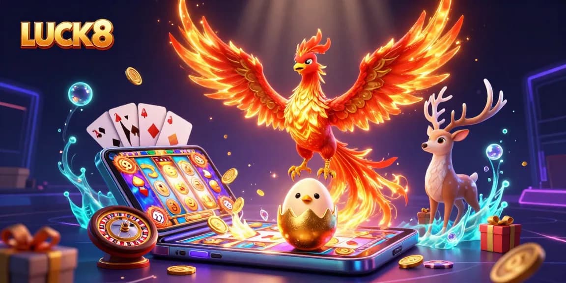 Experience excitement and winning at LUCK8 with a vibrant 3D casino scene featuring mythical creatures and gaming elements.