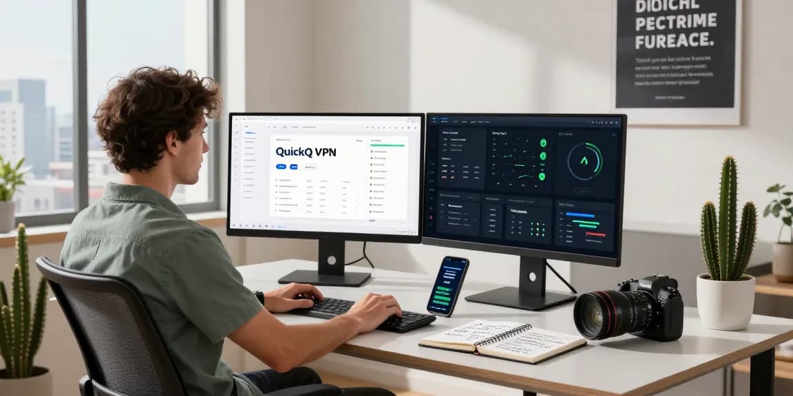 优化的QuickQ VPN界面在现代工作站上展示，展现生动家庭办公室中的生产力工具和分析。